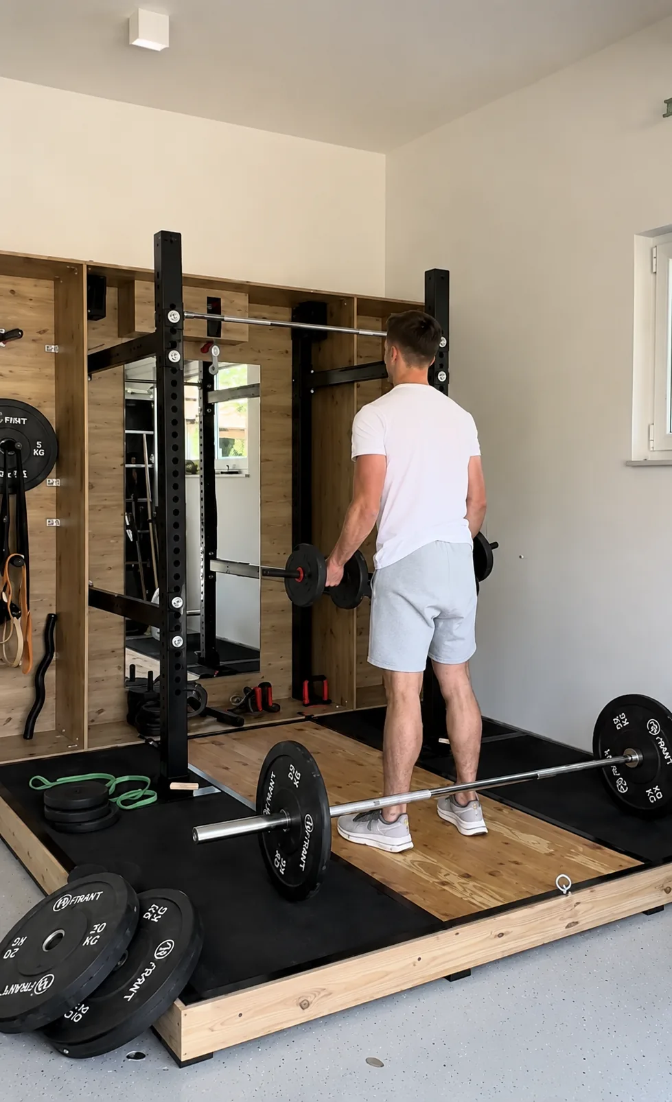 Trening na otvorenoj Secret Gym platformi — šipka, utezi i stalak u garaži.