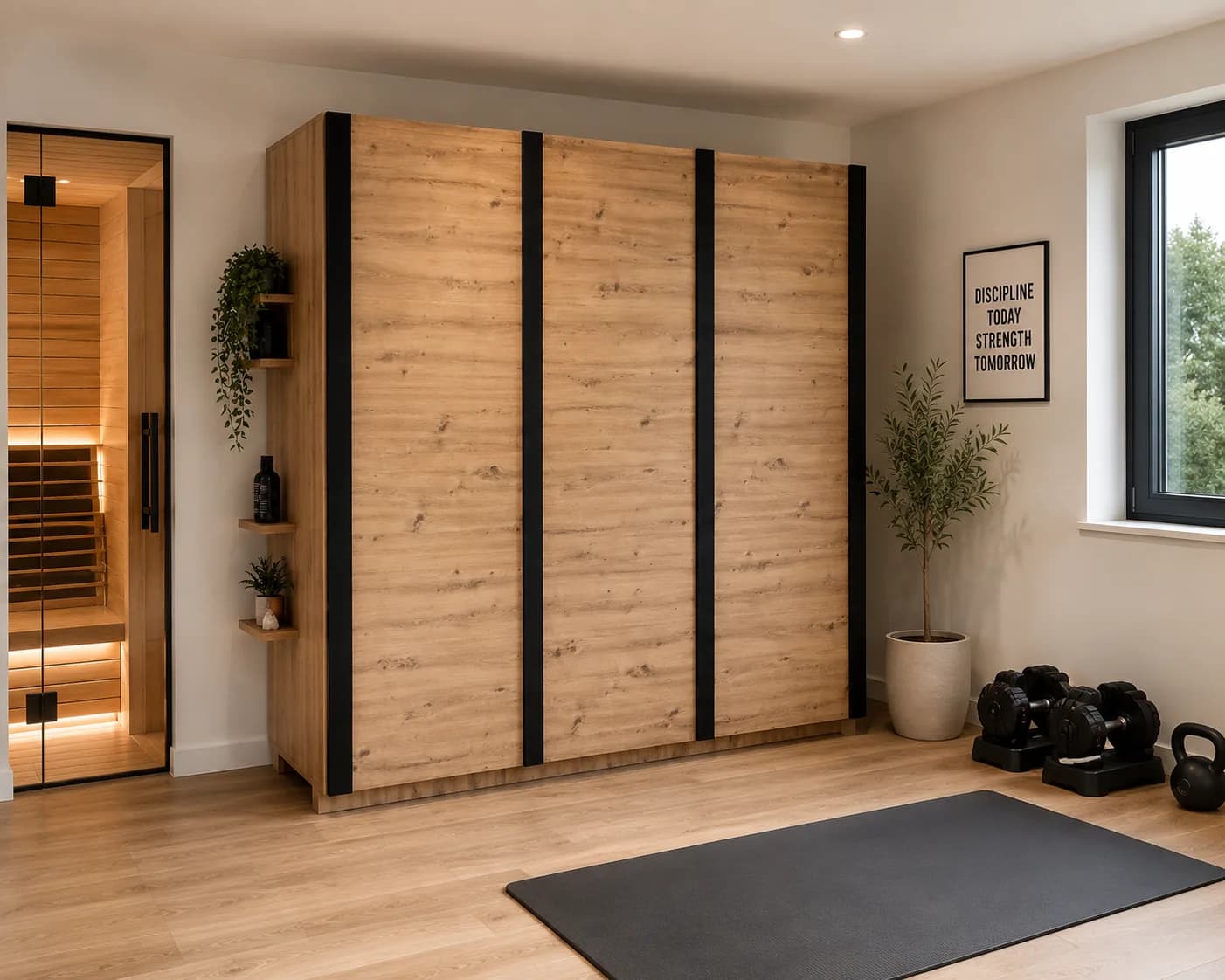 Secret Gym zatvoren u kućnoj teretani, uz saunu i slobodne utege.